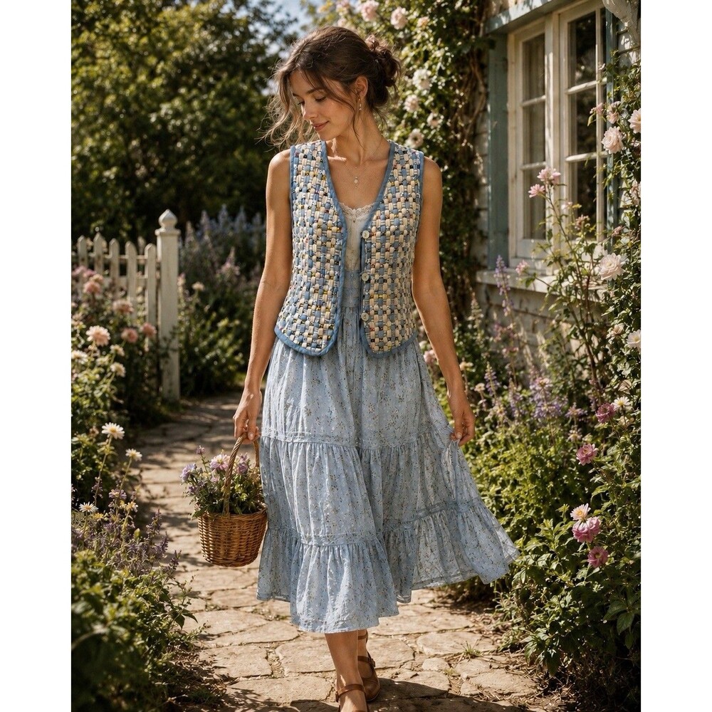 Susan Bristol Casuals Woven Button Vest  Size PS Cottagecore Vintage Light Denim